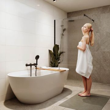 Vizualizace koupelny s volně stojící vanou a sprchovým koutem v Rezidenci NA NÁROŽÍ v Chotěboři.